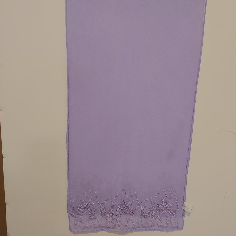GODIVA CHOCOLATE 100% SILK SCARF SHEER EMBROIDERED 10"W x 46"L LAVENDER EUC